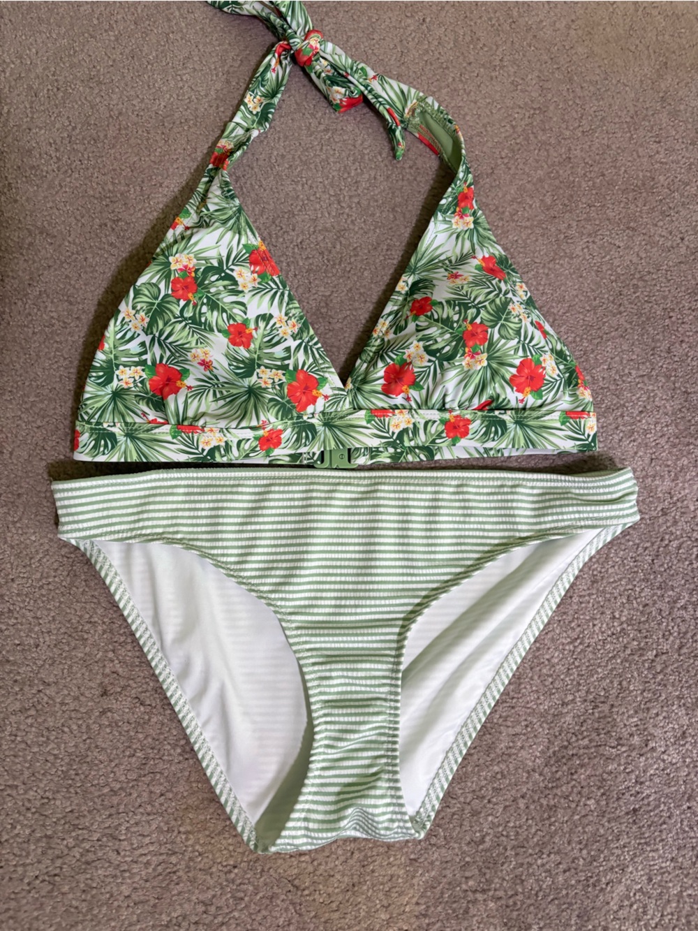 Tropical Floral Halter Bikini - Green & Red and gingham bottoms.